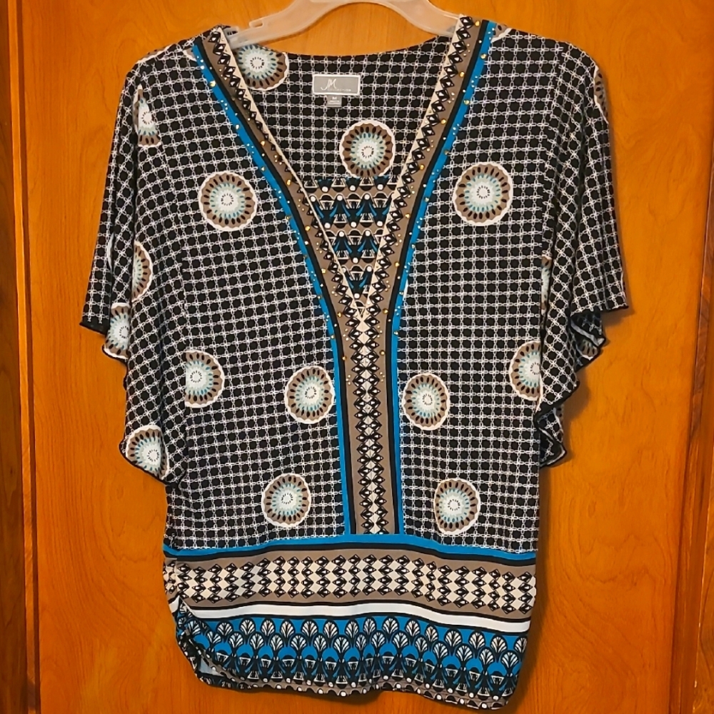 JM Collection size medium black, tan, turquise Blouse